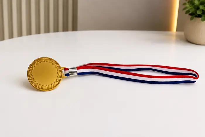 Gold championship medal with tricolor ribbon